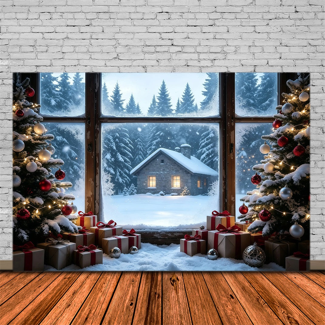 Décor De Noël Rustique Vue Depuis La Fenêtre D'Une Cabane Enneigée Décors De Noël Pour Studio GQ68-104