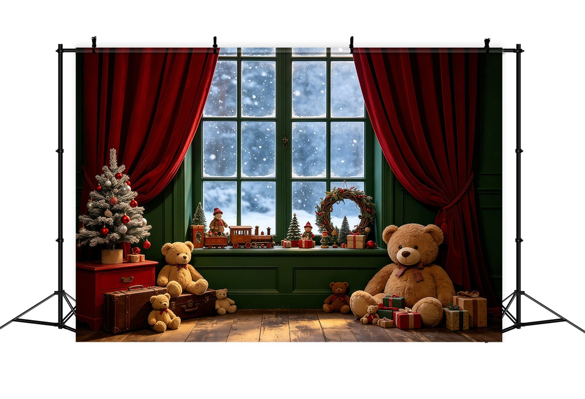 Décor De Vitrine De Noël Coin Intérieur Des Ours En Peluche Fond En Mousseline De Noël GQ68-106