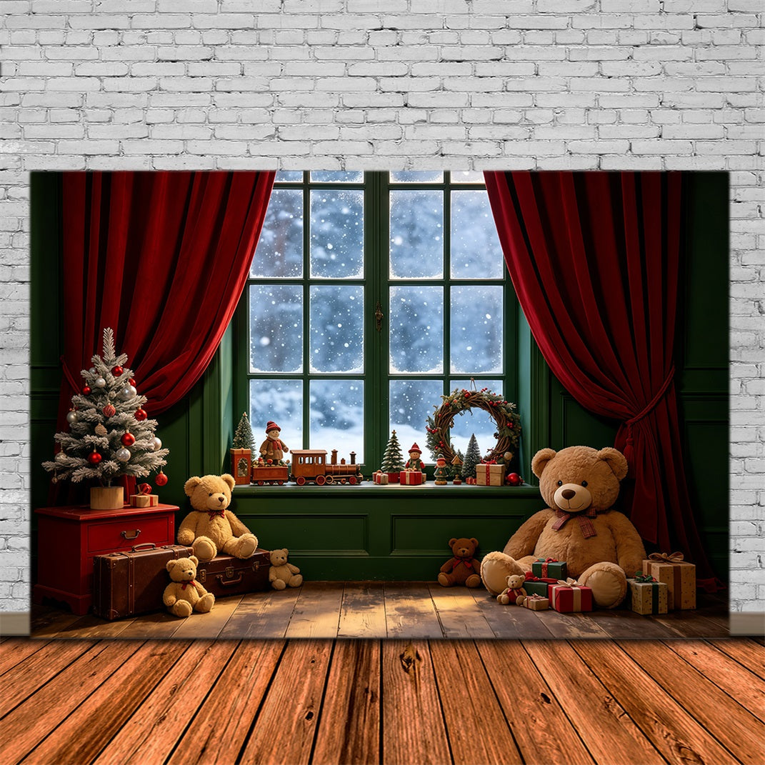 Décor De Vitrine De Noël Coin Intérieur Des Ours En Peluche Fond En Mousseline De Noël GQ68-106