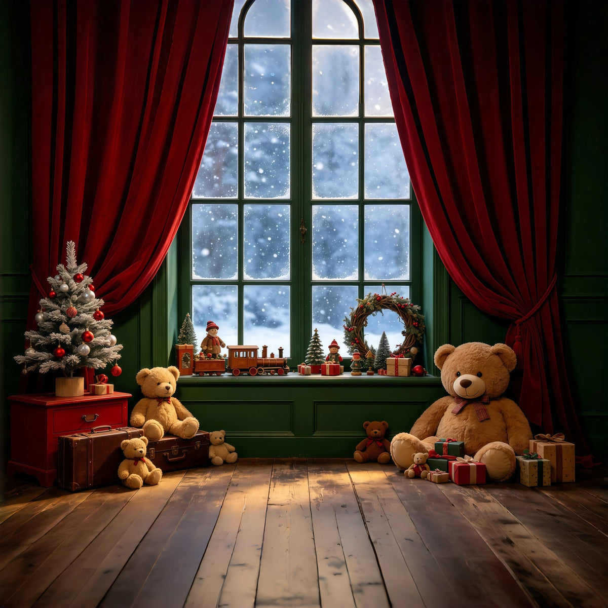 Décor De Vitrine De Noël Coin Intérieur Des Ours En Peluche Fond En Mousseline De Noël GQ68-106