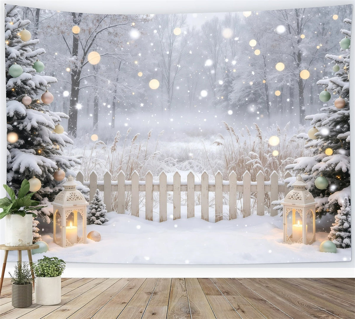 Décor De Noël D'Hiver Lanternes De La Forêt Enneigée Fond De Noël Professionnel GQ68-109