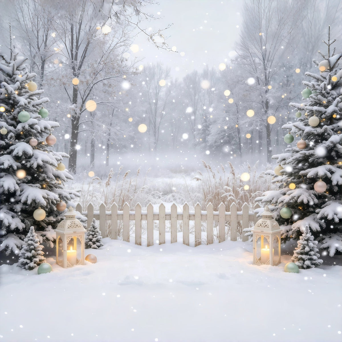 Décor De Noël D'Hiver Lanternes De La Forêt Enneigée Fond De Noël Professionnel GQ68-109