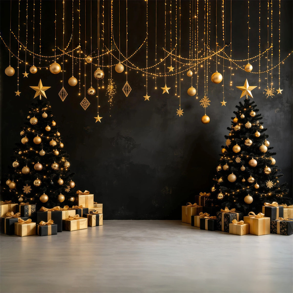 Décor De Noël Moderne Ornements Suspendus Dorés Et Noirs Fond En Mousseline De Noël GQ68-112