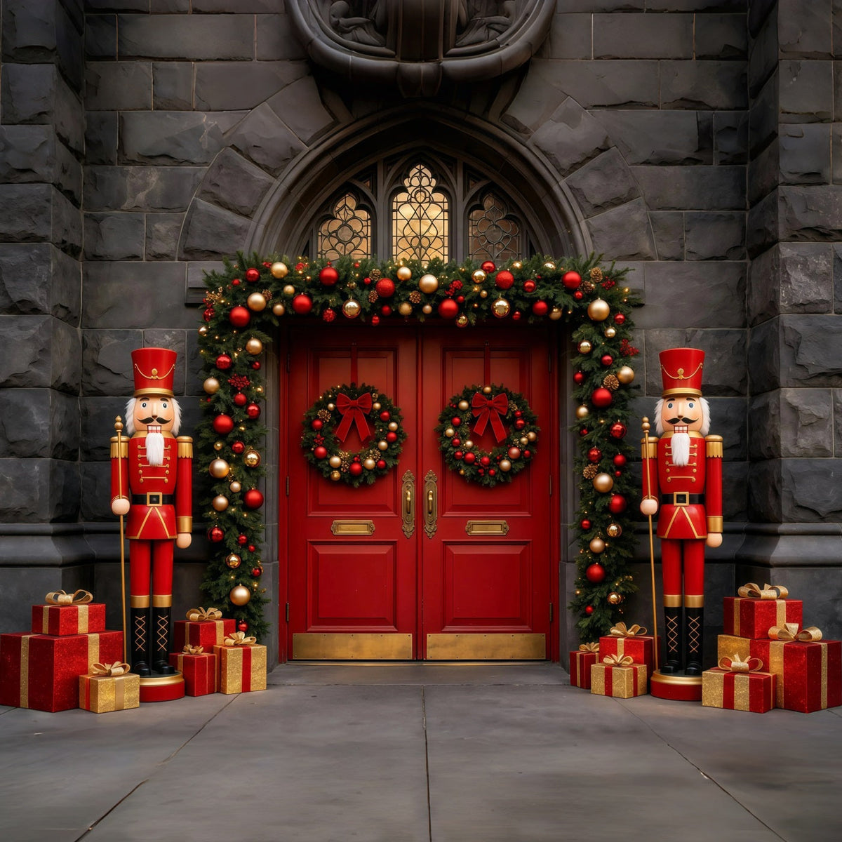 Décor De Noël Casse-Noisette Entrée Par Porte En Pierre Rouge Décors Photographiques De Noël GQ68-113