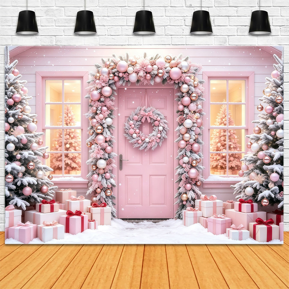 Fond De Noël Rose Porte Des Cadeaux De L'Arbre Enneigé Toiles De Fond En Mousseline De Noël GQ68-114