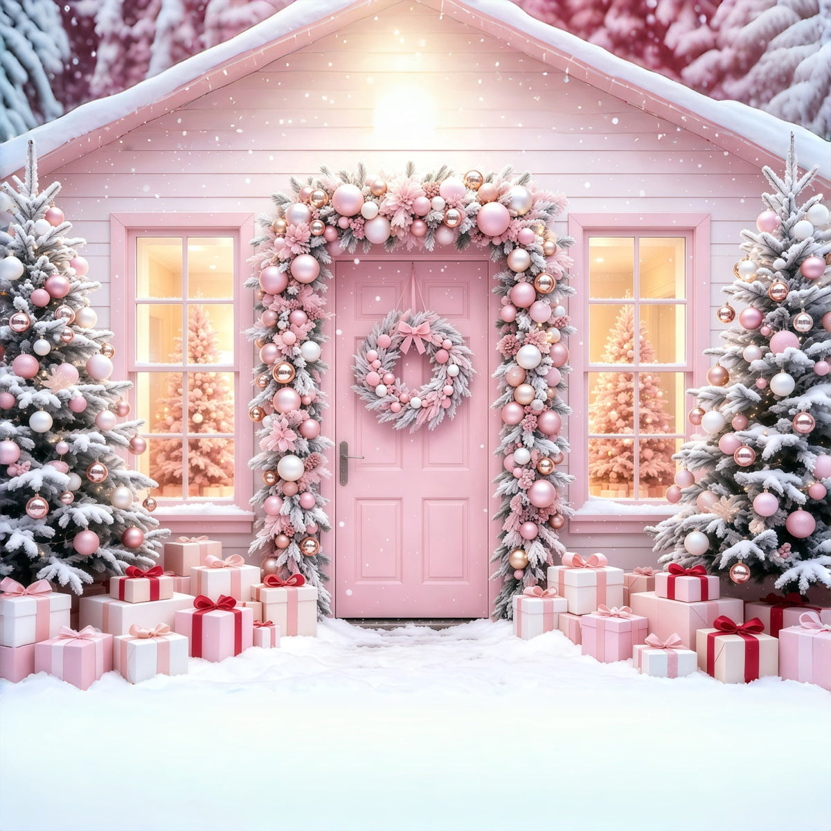 Fond De Noël Rose Porte Des Cadeaux De L'Arbre Enneigé Toiles De Fond En Mousseline De Noël GQ68-114