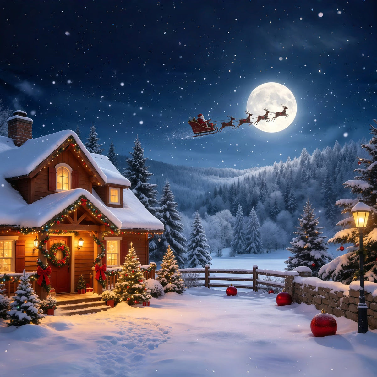 Décor De Noël Avec Le Père Noël Cabane Au Clair De Lune Montagne Enneigée Décor De Noël GQ68-115