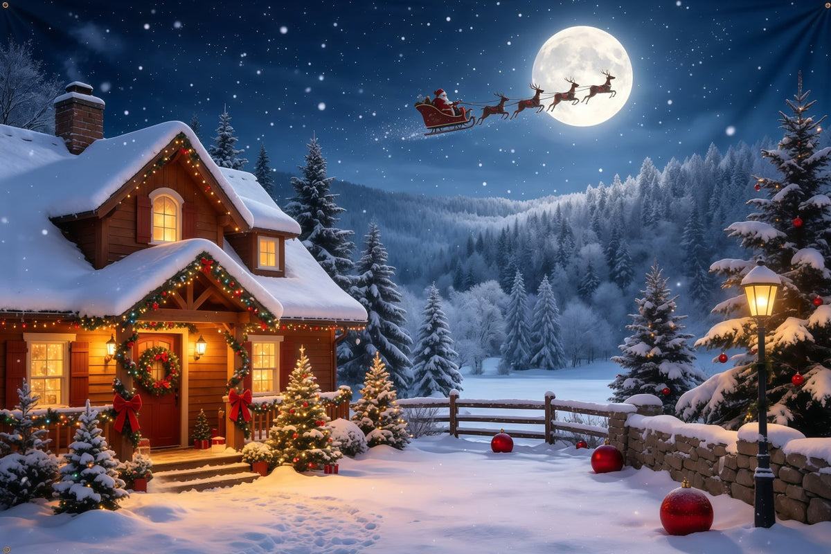 Décor De Noël Avec Le Père Noël Cabane Au Clair De Lune Montagne Enneigée Décor De Noël GQ68-115