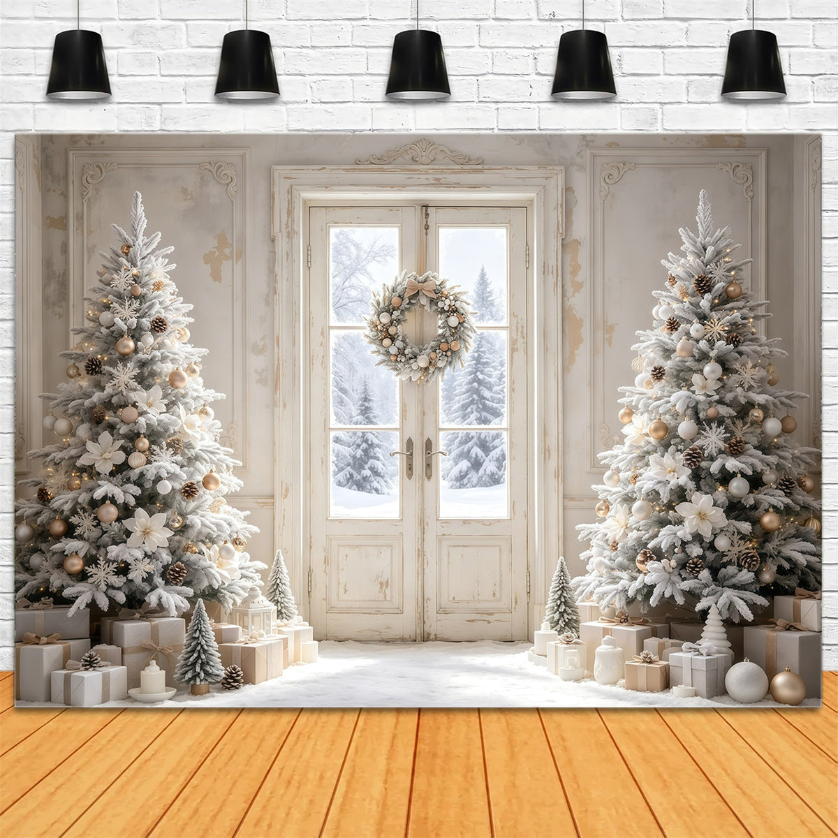 Fond De Noël Simple Arbres De Porte Blancs Givrés Décors De Noël GQ68-116
