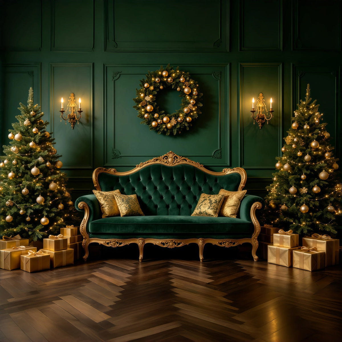Fond Vert De Noël Canapé Lounge En Velours Émeraude Décors De Noël Professionnels GQ68-121
