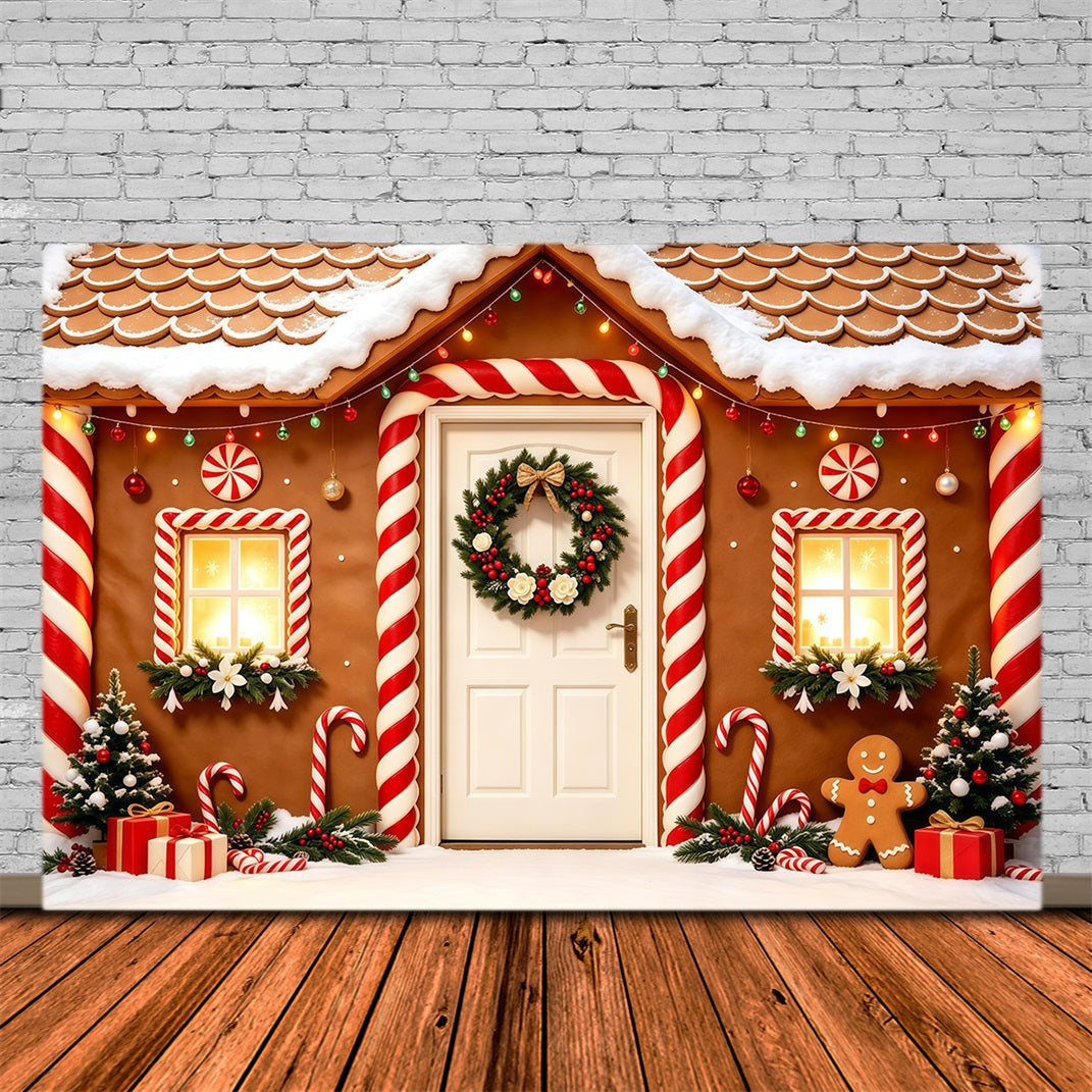 Décor De Noël En Pain D'Épice Porte De La Maison De Bonbons Enneigée Fond Photo De Noël GQ68-123