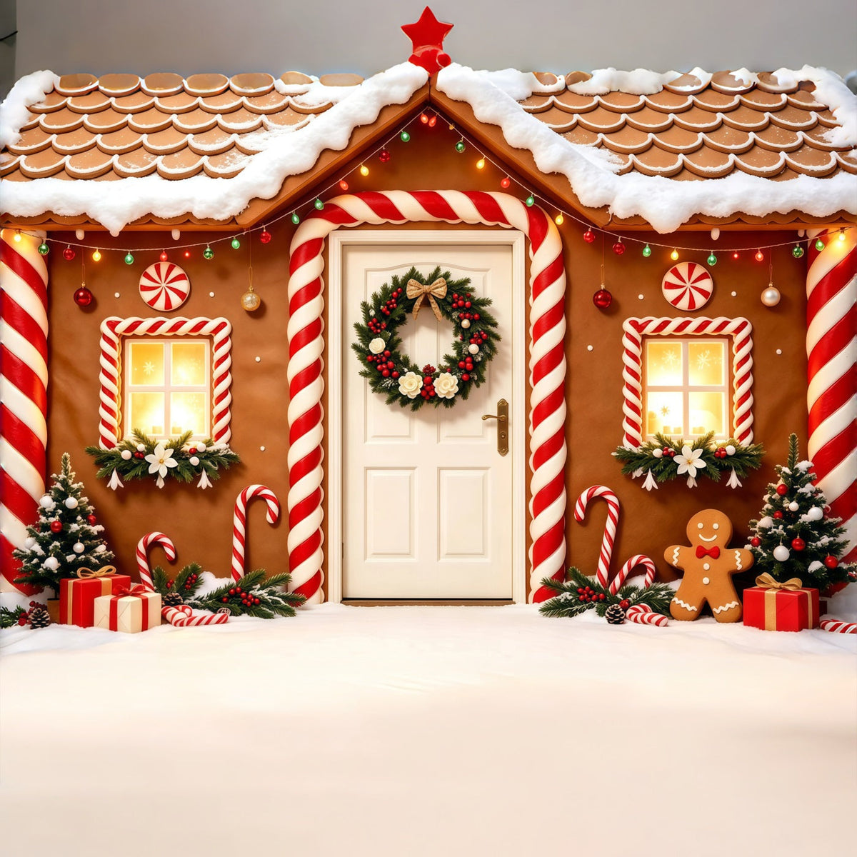 Décor De Noël En Pain D'Épice Porte De La Maison De Bonbons Enneigée Fond Photo De Noël GQ68-123