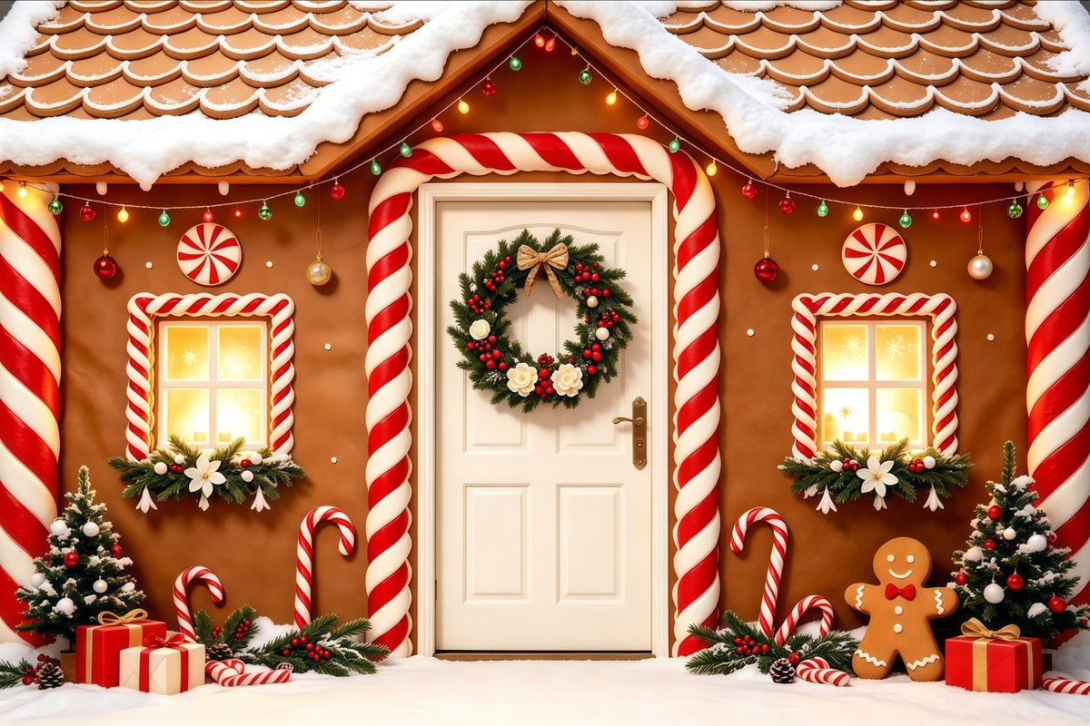 Décor De Noël En Pain D'Épice Porte De La Maison De Bonbons Enneigée Fond Photo De Noël GQ68-123