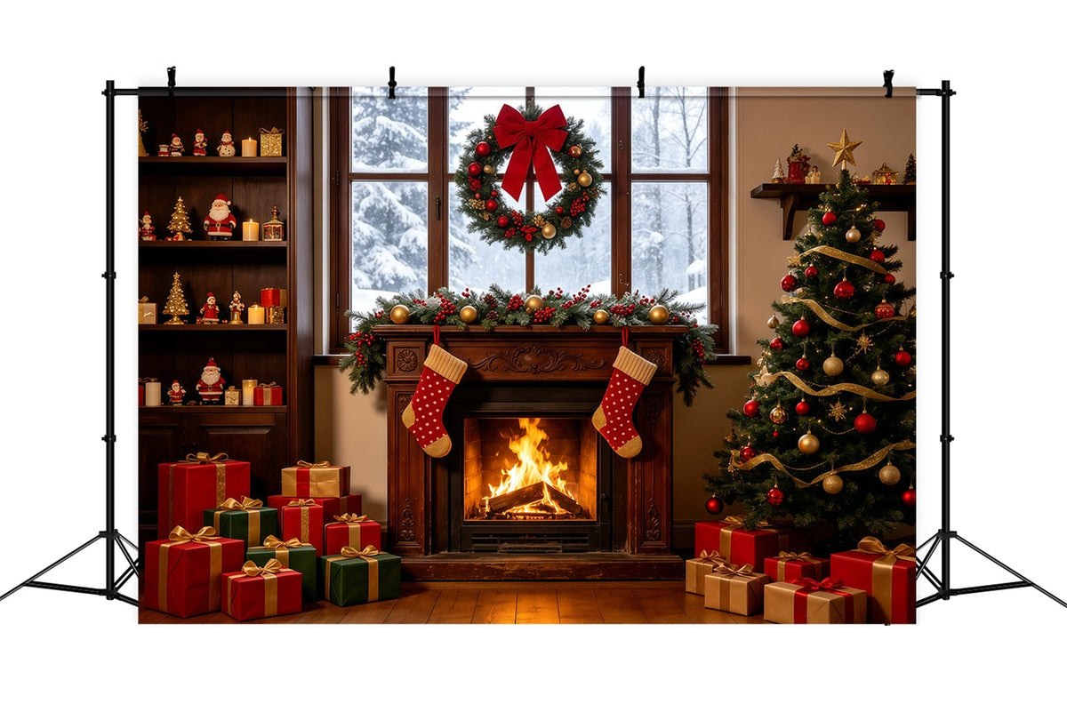 Décor De Vitrine De Noël Arbre À Chaussettes Avec Cheminée Chaleureuse Grandes Toiles De Fond De Noël GQ68-124