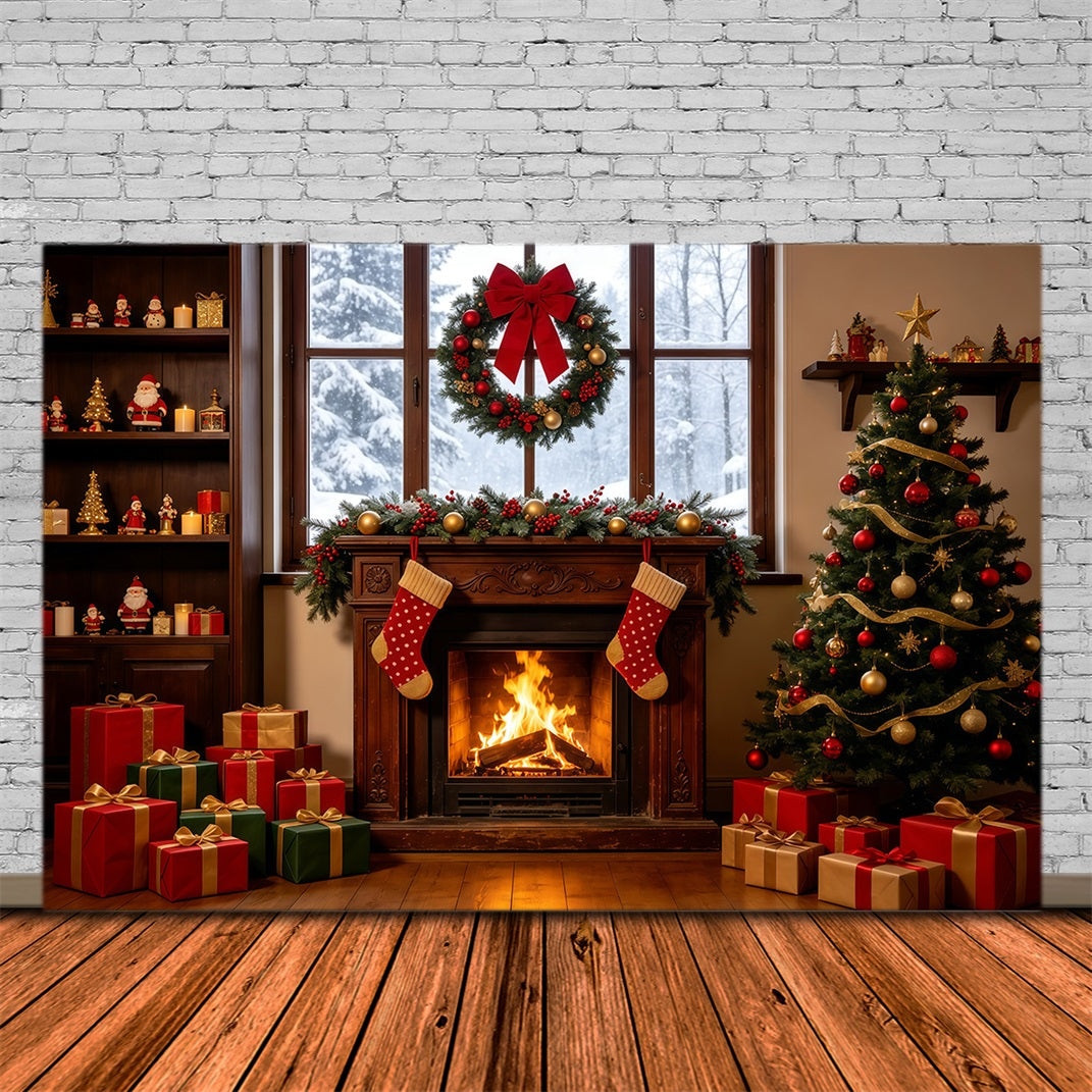 Décor De Vitrine De Noël Arbre À Chaussettes Avec Cheminée Chaleureuse Grandes Toiles De Fond De Noël GQ68-124