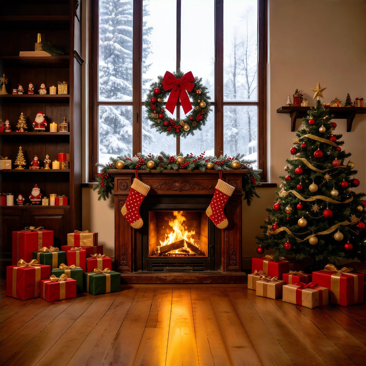 Décor De Vitrine De Noël Arbre À Chaussettes Avec Cheminée Chaleureuse Grandes Toiles De Fond De Noël GQ68-124