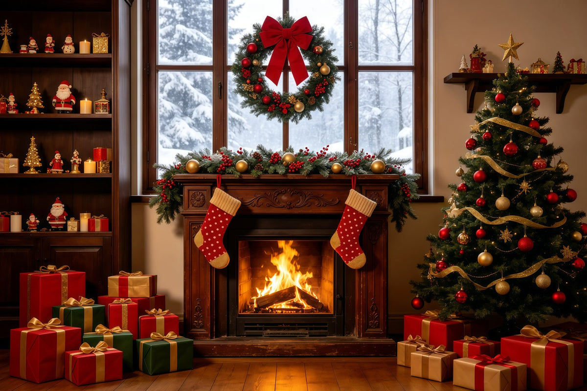 Décor De Vitrine De Noël Arbre À Chaussettes Avec Cheminée Chaleureuse Grandes Toiles De Fond De Noël GQ68-124