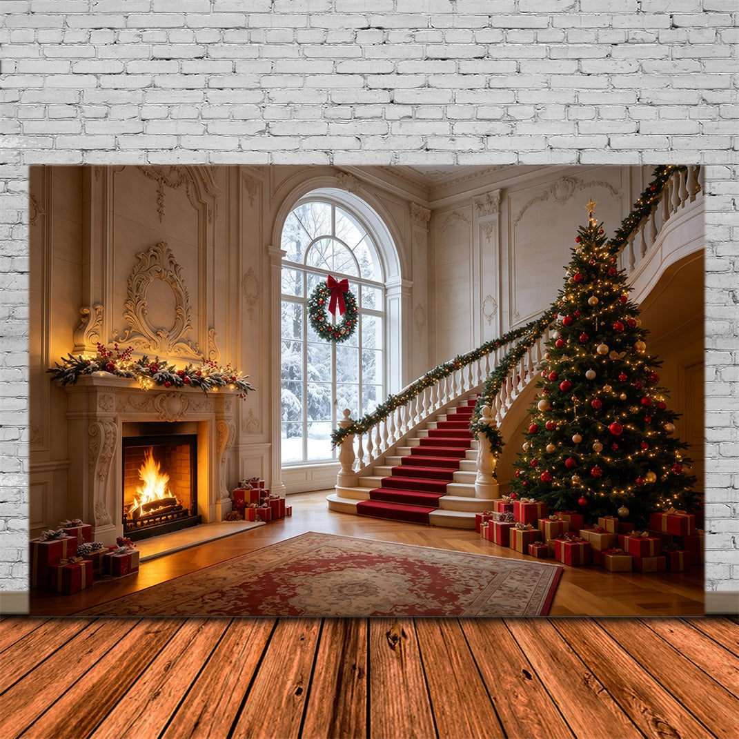 Décor De Noël Élégant Escalier Du Hall Du Manoir Décors Photographiques De Noël GQ68-126