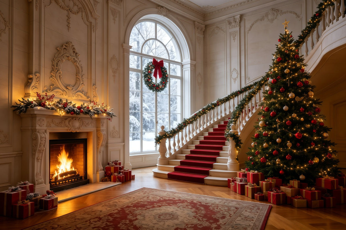 Décor De Noël Élégant Escalier Du Hall Du Manoir Décors Photographiques De Noël GQ68-126