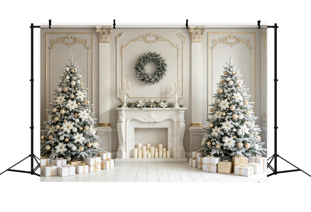 Fond De Cheminée De Noël Cheminée Élégante À Fleurs Blanches Décor Photographique De Noël GQ68-129