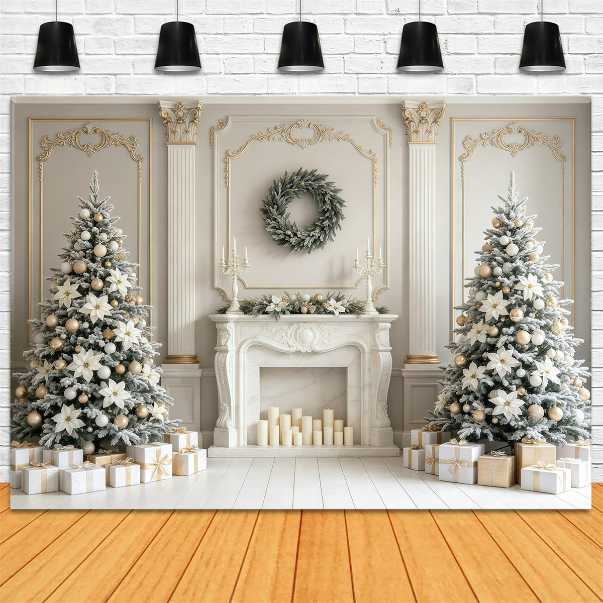 Fond De Cheminée De Noël Cheminée Élégante À Fleurs Blanches Décor Photographique De Noël GQ68-129
