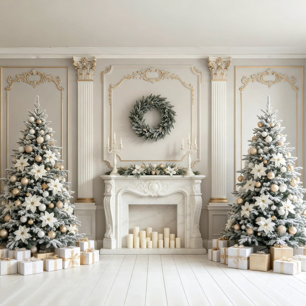 Fond De Cheminée De Noël Cheminée Élégante À Fleurs Blanches Décor Photographique De Noël GQ68-129