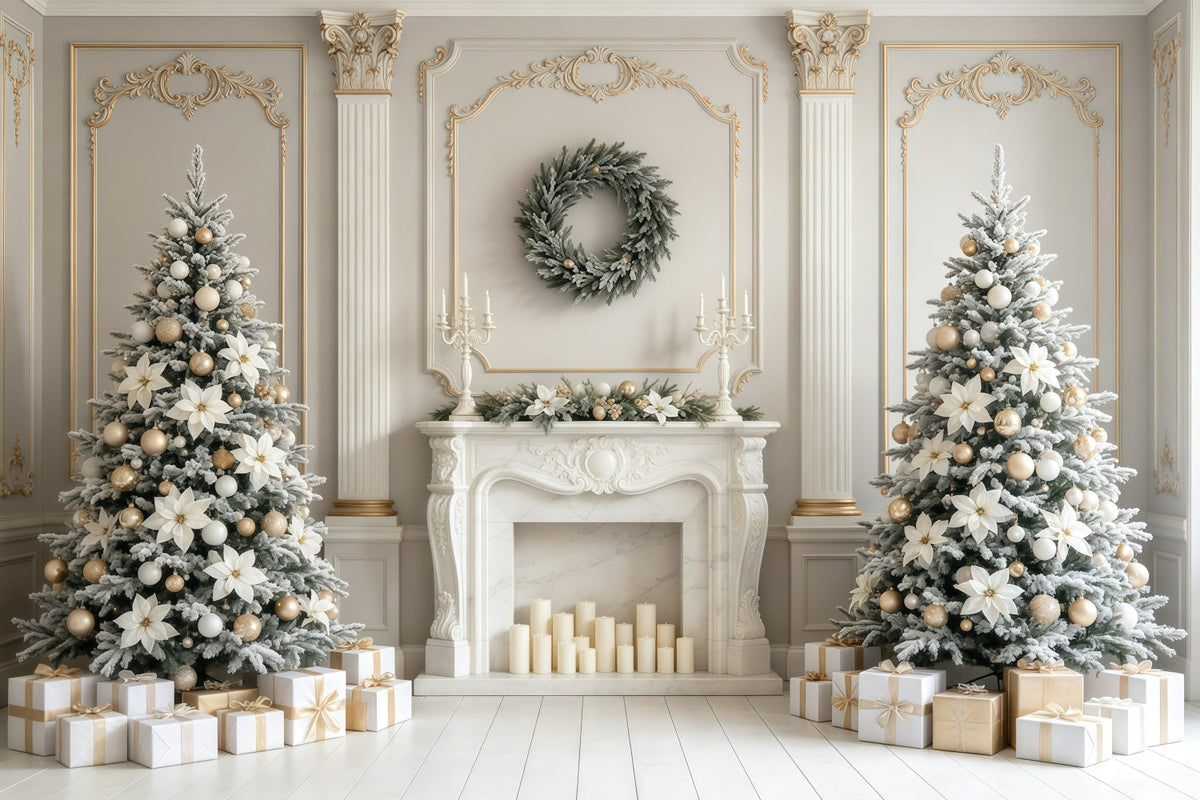 Fond De Cheminée De Noël Cheminée Élégante À Fleurs Blanches Décor Photographique De Noël GQ68-129