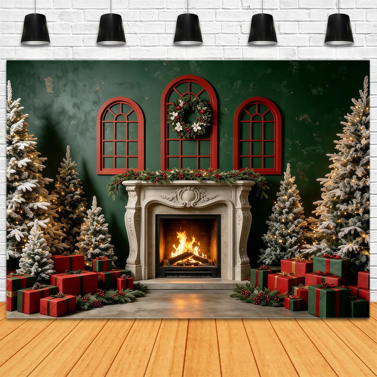 Décor De Noël Cheminée Murale Verte - Cadeau Décors Photo De Noël GQ68-131