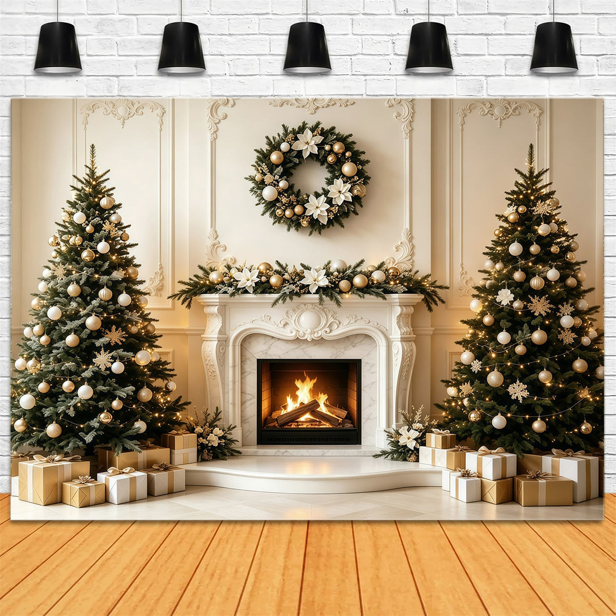 Décor De Noël Pour Salon Cheminée Élégante Fond Photographique De Noël GQ68-134
