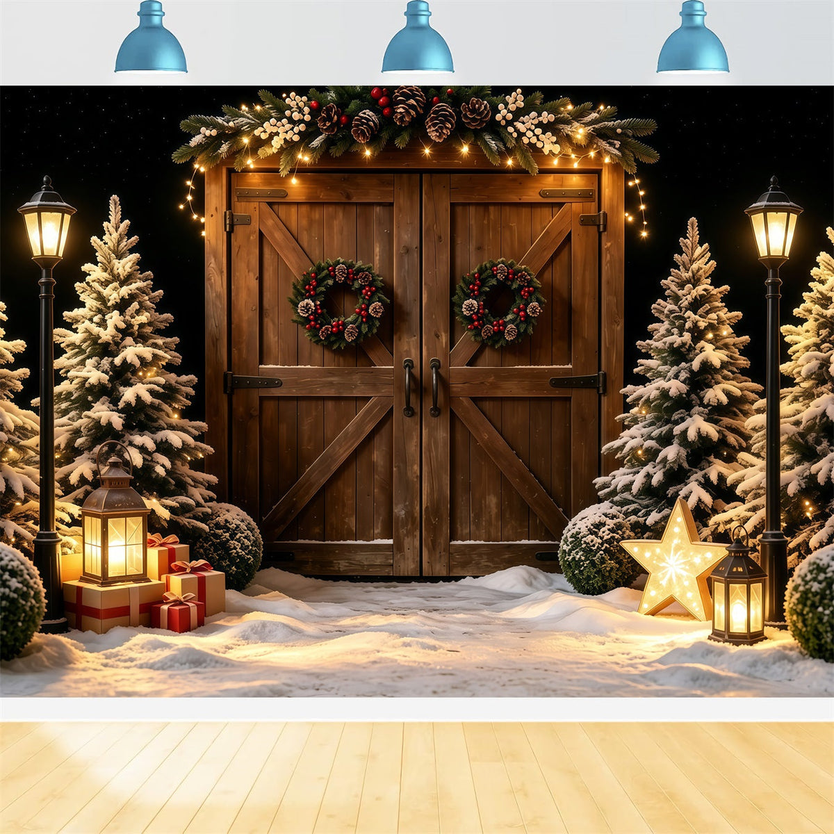 Décor De Grange De Noël Lanterne De Porte En Bois Enneigée Décors Photo De Noël GQ68-57