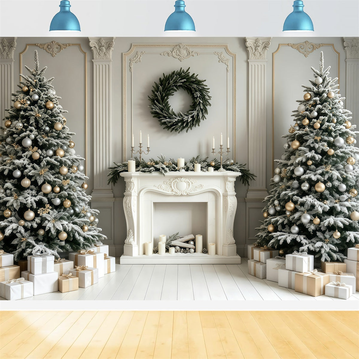 Fond De Cheminée De Noël Arbres Muraux Rétro Blancs Décor De Studio De Noël GQ68-59