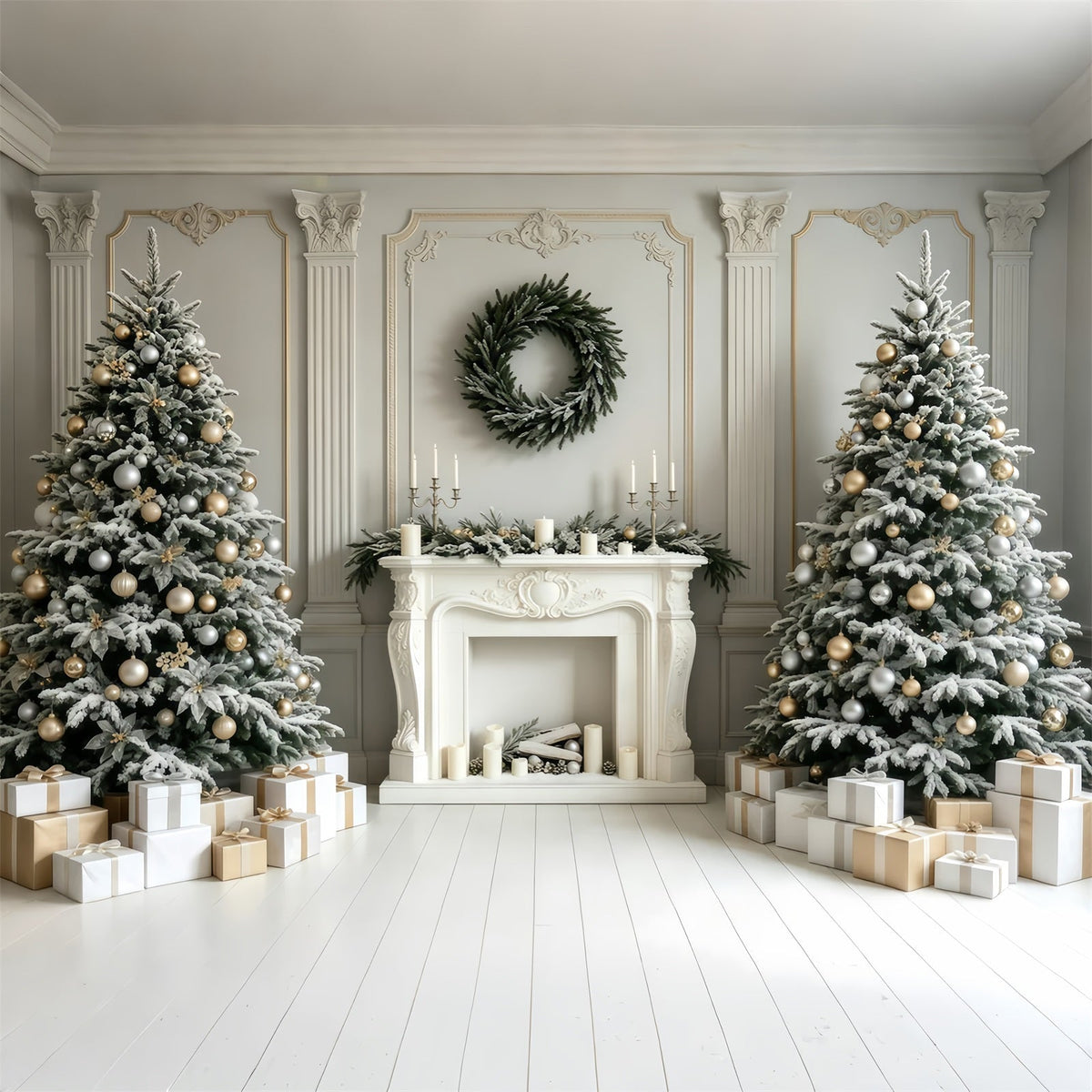 Fond De Cheminée De Noël Arbres Muraux Rétro Blancs Décor De Studio De Noël GQ68-59