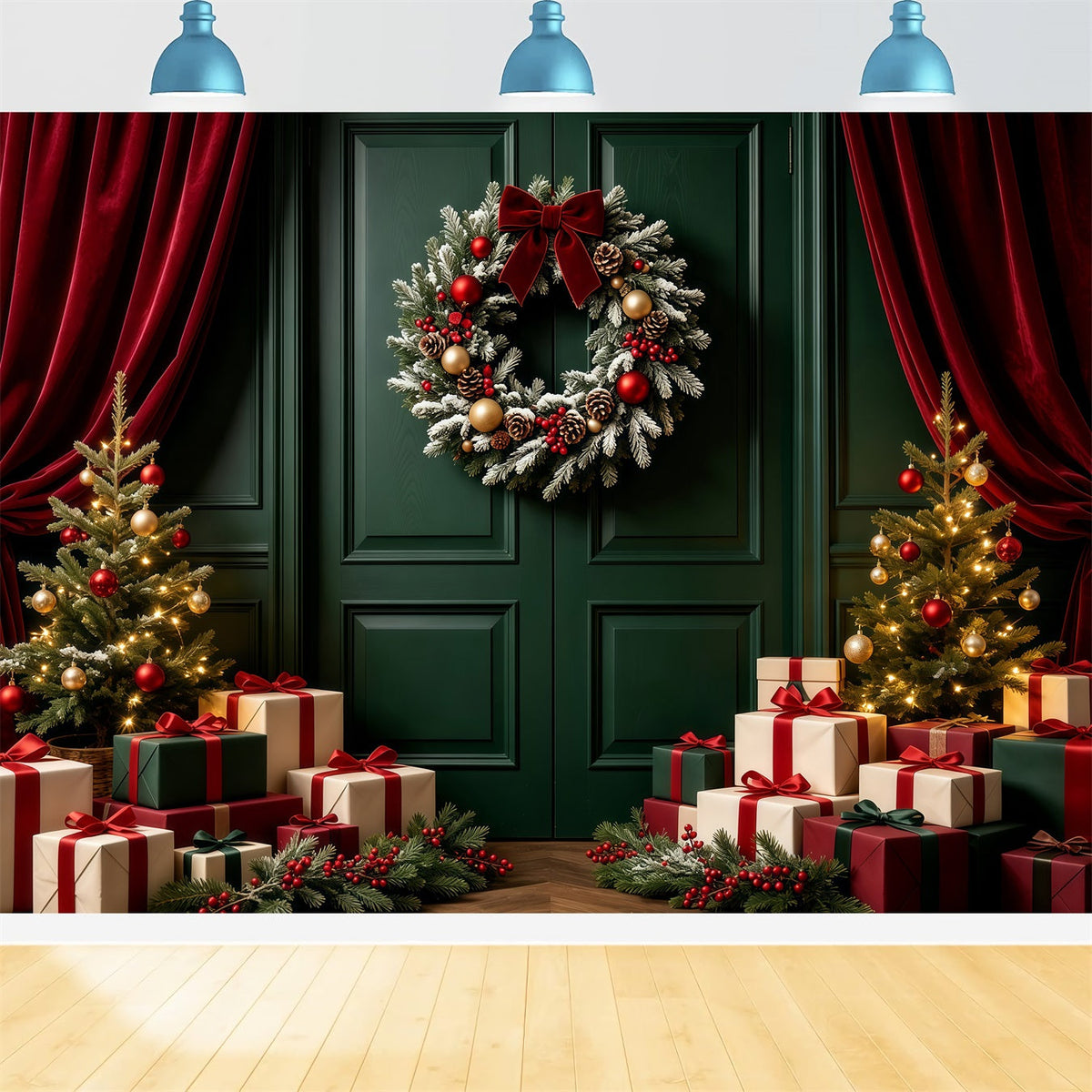 Fond Vert De Noël Présentoir À Cadeaux Pour Couronnes De Porte Fond Photographique De Noël GQ68-60