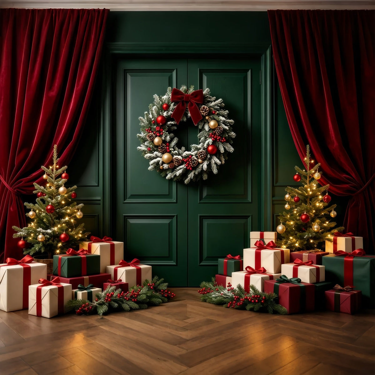 Fond Vert De Noël Présentoir À Cadeaux Pour Couronnes De Porte Fond Photographique De Noël GQ68-60