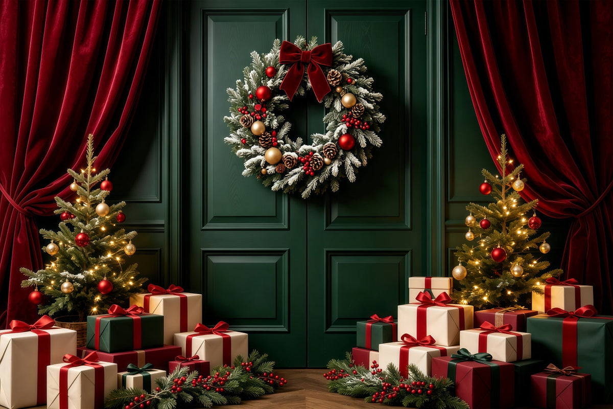 Fond Vert De Noël Présentoir À Cadeaux Pour Couronnes De Porte Fond Photographique De Noël GQ68-60