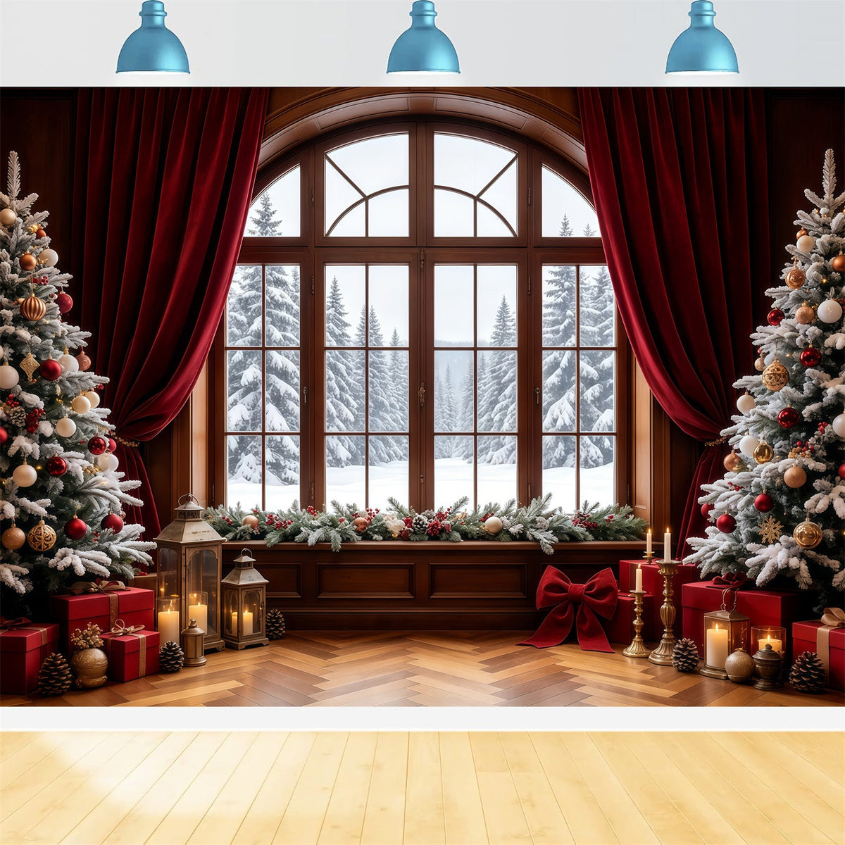 Décor De Vitrine De Noël Arbres Rideaux De Vue Enneigée Décors De Noël Pour Photos GQ68-64