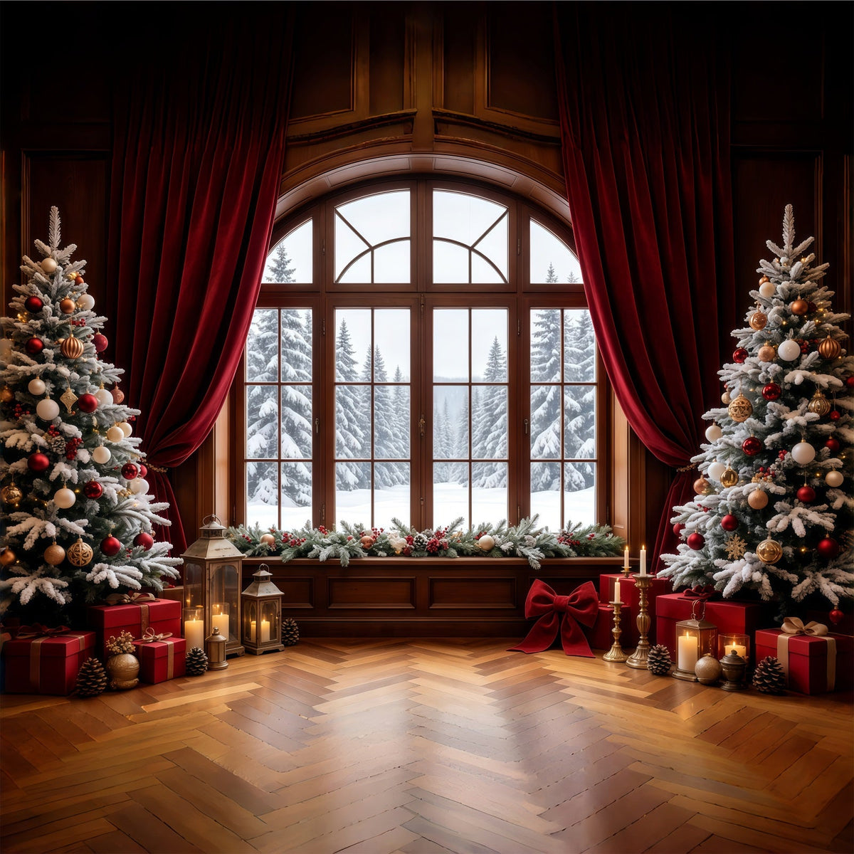 Décor De Vitrine De Noël Arbres Rideaux De Vue Enneigée Décors De Noël Pour Photos GQ68-64