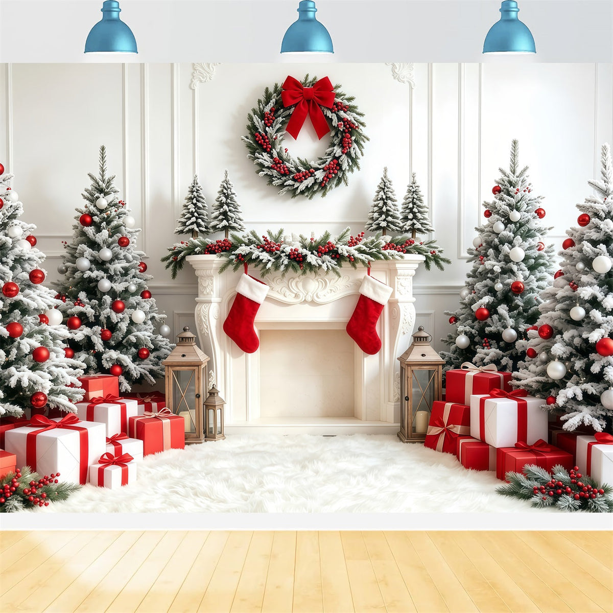 Fond De Sapin De Noël Cheminée De Bas Blancs Et Rouges Décors De Noël Pour Studio GQ68-67