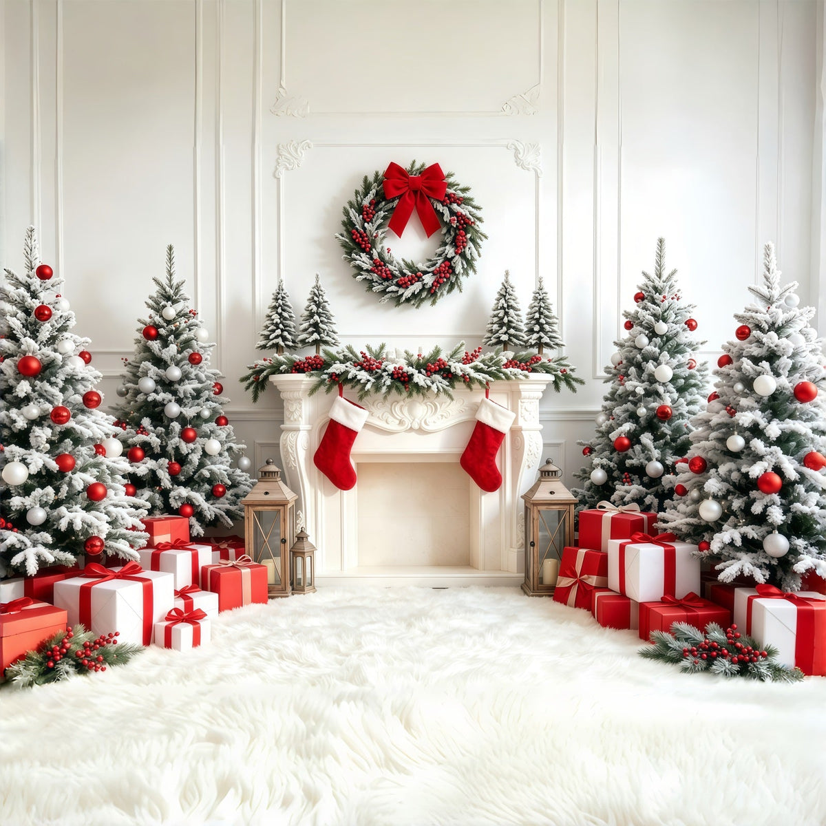 Fond De Sapin De Noël Cheminée De Bas Blancs Et Rouges Décors De Noël Pour Studio GQ68-67
