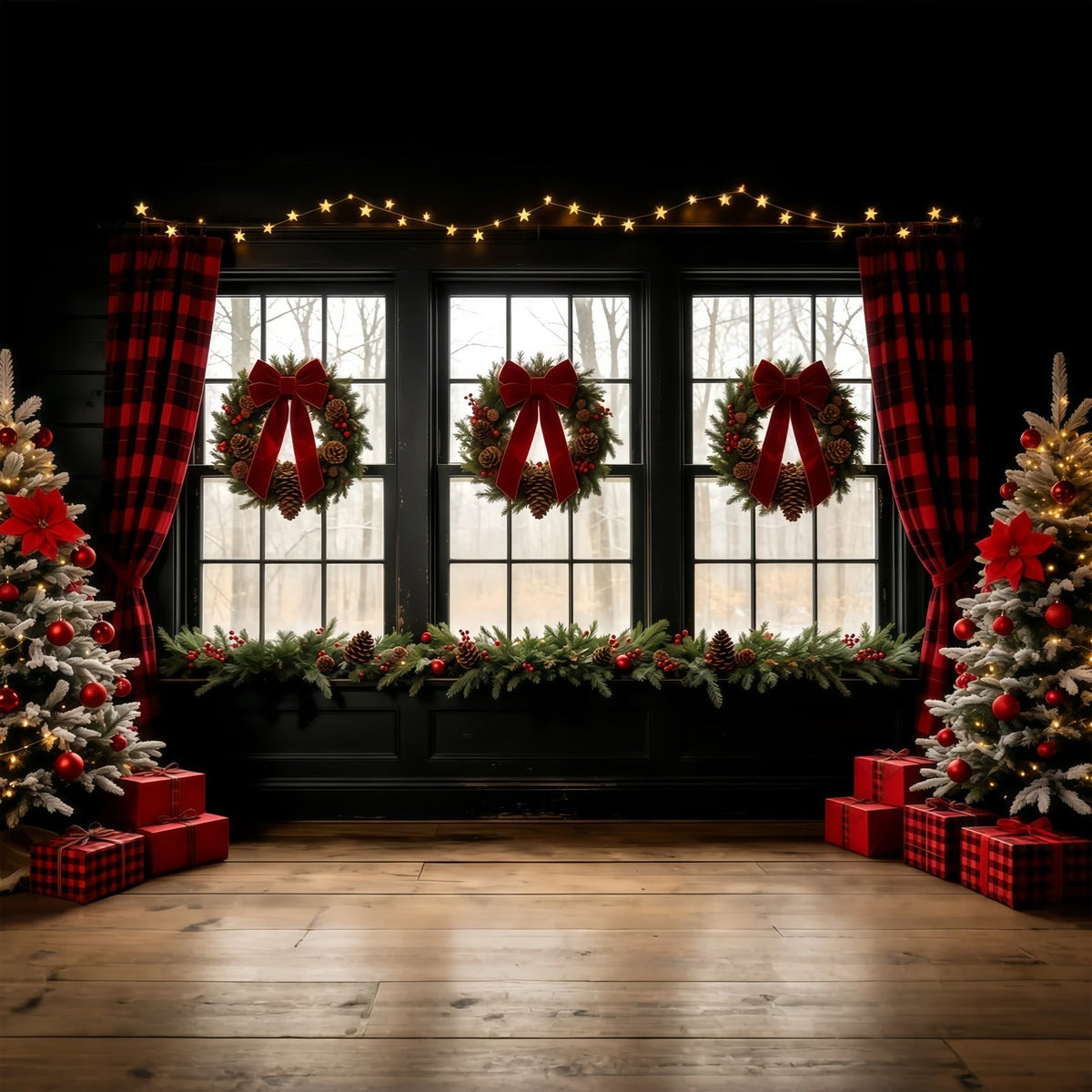 Décor De Vitrine De Noël Rideau Rustique À Nœud Papillon Fond Mural De Noël GQ68-68