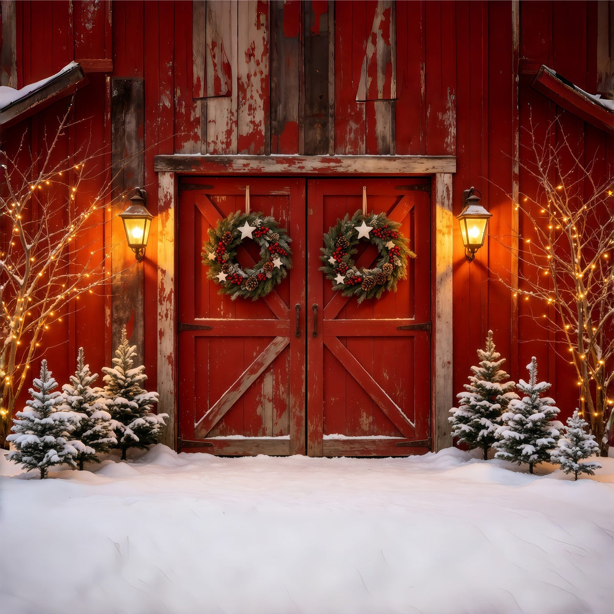 Décor De Noël De Porte De Grange Lanterne De Porte Rouge Rustique Fond En Mousseline De Noël GQ68-69