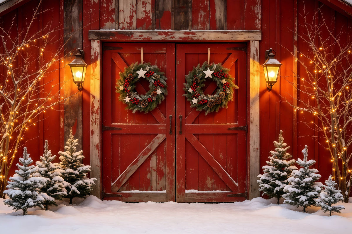 Décor De Noël De Porte De Grange Lanterne De Porte Rouge Rustique Fond En Mousseline De Noël GQ68-69