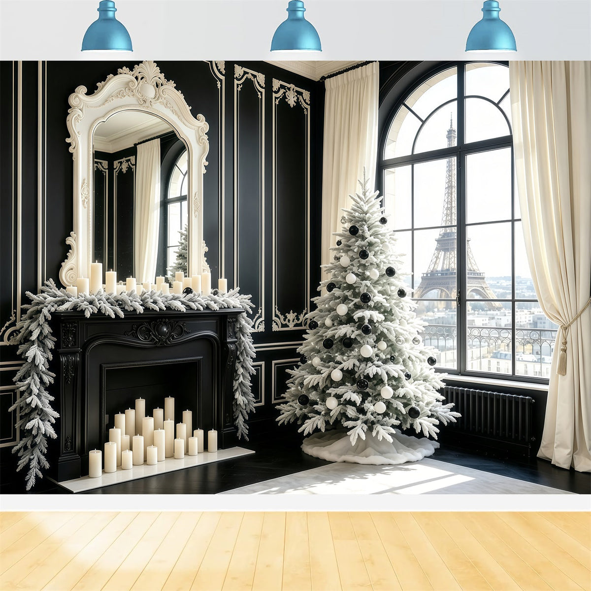 Fond Noir De Noël Vue Sur Un Arbre Depuis Une Fenêtre Parisienne Décor Intérieur De Noël GQ68-70