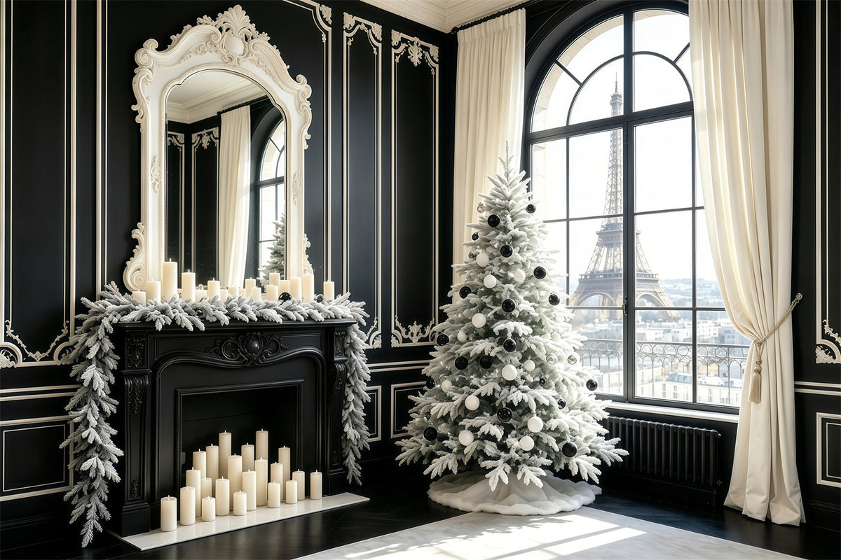 Fond Noir De Noël Vue Sur Un Arbre Depuis Une Fenêtre Parisienne Décor Intérieur De Noël GQ68-70