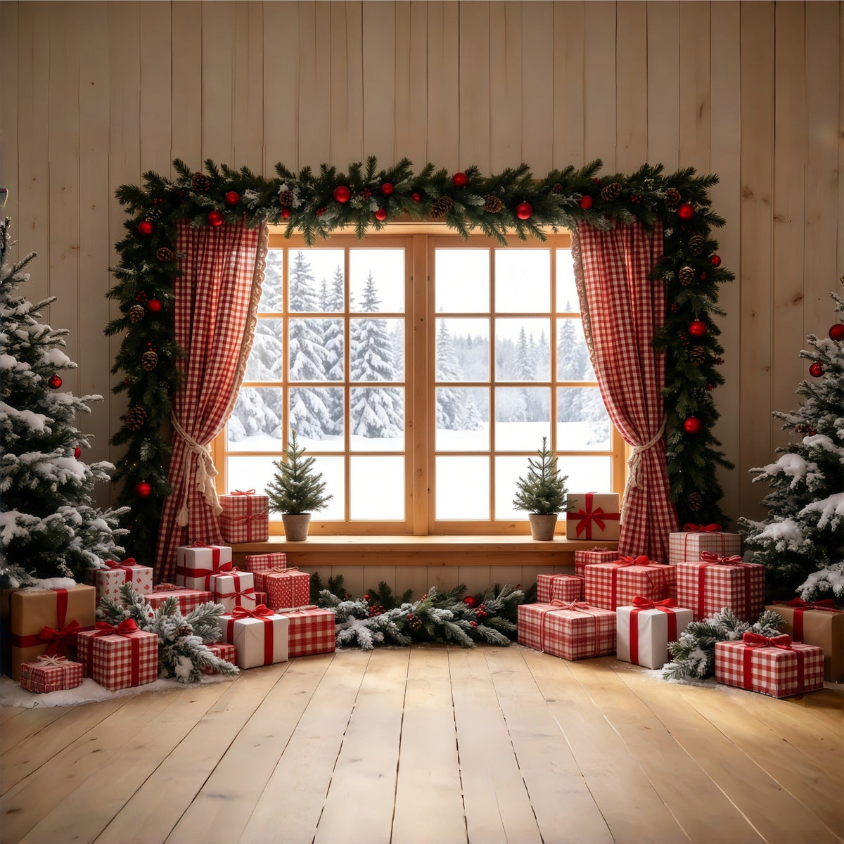 Décor De Noël Rustique Vitrine À Carreaux Vichy Pour Cadeaux Décors De Noël D'Intérieur GQ68-71