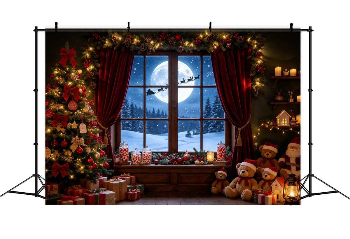 Décor De La Nuit De Noël Chambre D'Oursons Sous La Fenêtre Éclairée Par La Lune Fond De Noël Professionnel GQ68-72