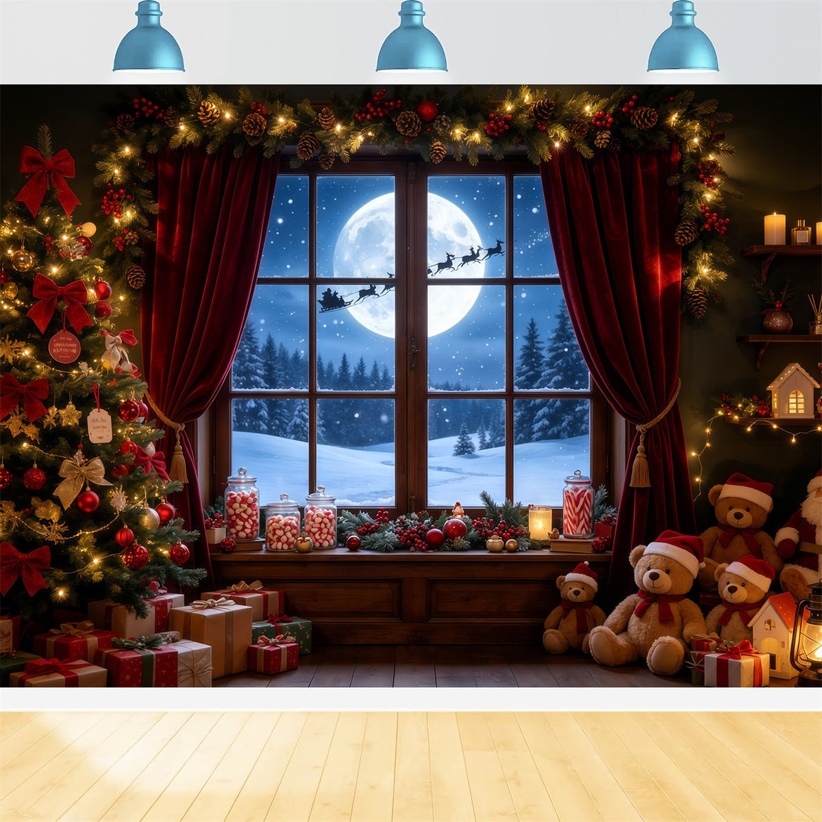 Décor De La Nuit De Noël Chambre D'Oursons Sous La Fenêtre Éclairée Par La Lune Fond De Noël Professionnel GQ68-72