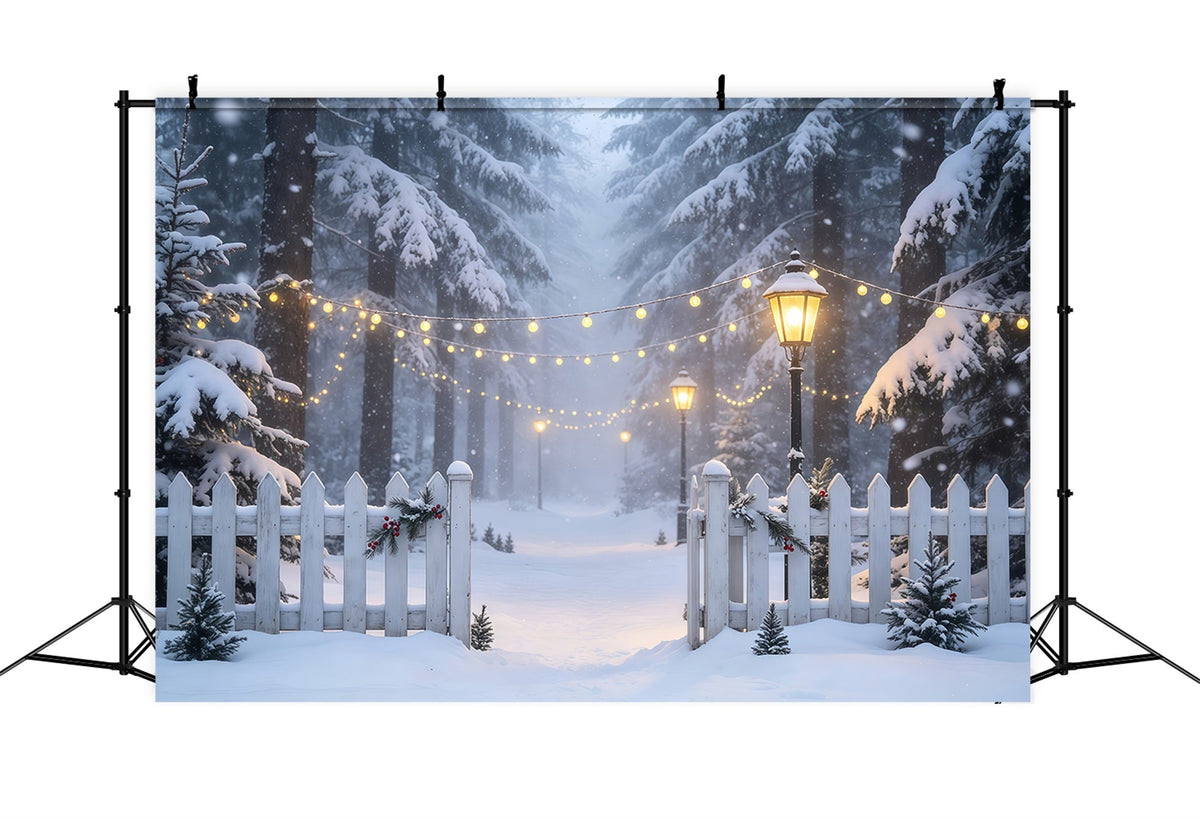 Décor De Noël D'Hiver Chemin Lumineux De La Forêt Enneigée Fond De Noël En Mousseline GQ68-74