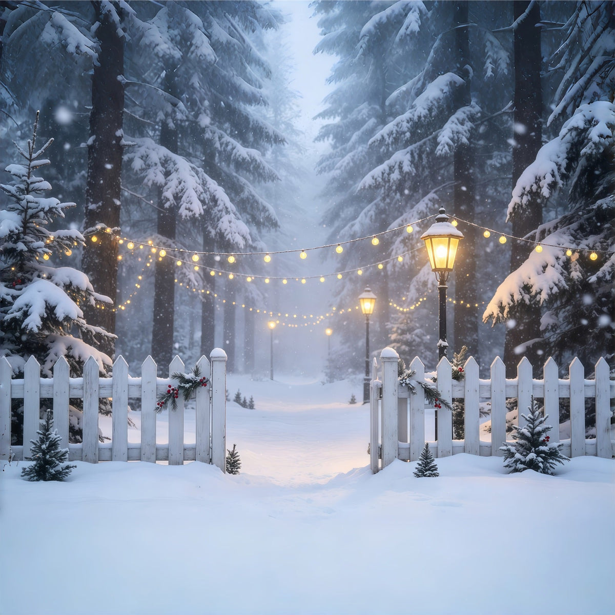 Décor De Noël D'Hiver Chemin Lumineux De La Forêt Enneigée Fond De Noël En Mousseline GQ68-74