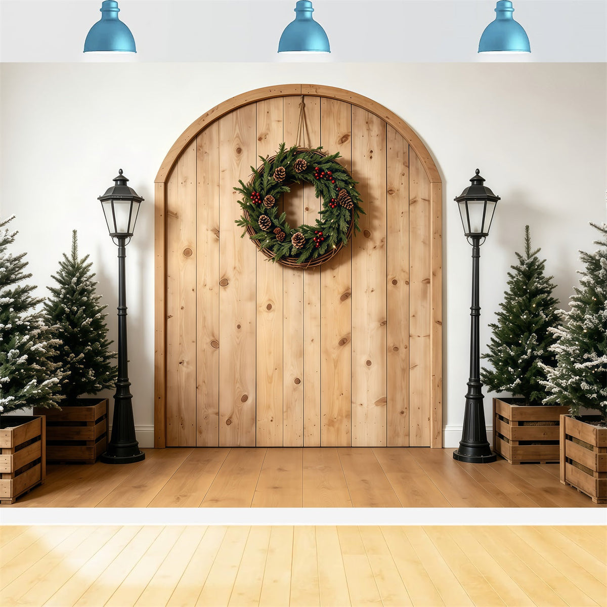 Fond De Noël Simple Entrée Avec Arche Rustique Et Couronne Fond En Mousseline De Noël GQ68-75